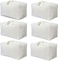 Soft Canvas Clothes Storage Bags with Four Carrying Handles and Clear Window, Closet Organizer for Clothing, Blankets Sheets Pillows and Bedding, 55L, 6 Pack, White