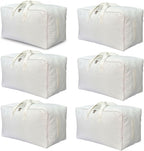 Soft Canvas Clothes Storage Bags with Four Carrying Handles and Clear Window, Closet Organizer for Clothing, Blankets Sheets Pillows and Bedding, 55L, 6 Pack, White