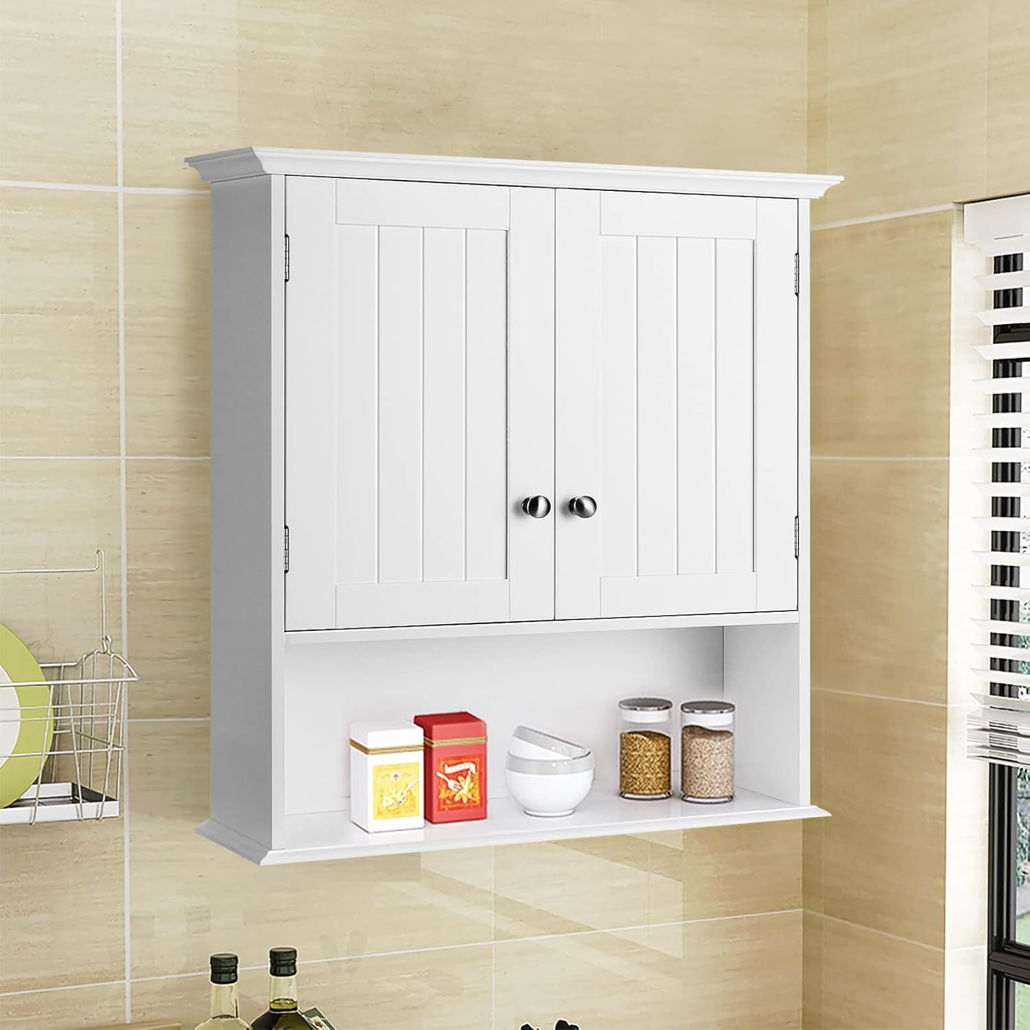 Tangkula Bathroom Wall Cabinet, Wooden Hanging Storage with Doors & Shelves, Multipurpose Wall Mounted Bathroom Medicine Cabinet for Kitchen Living Room