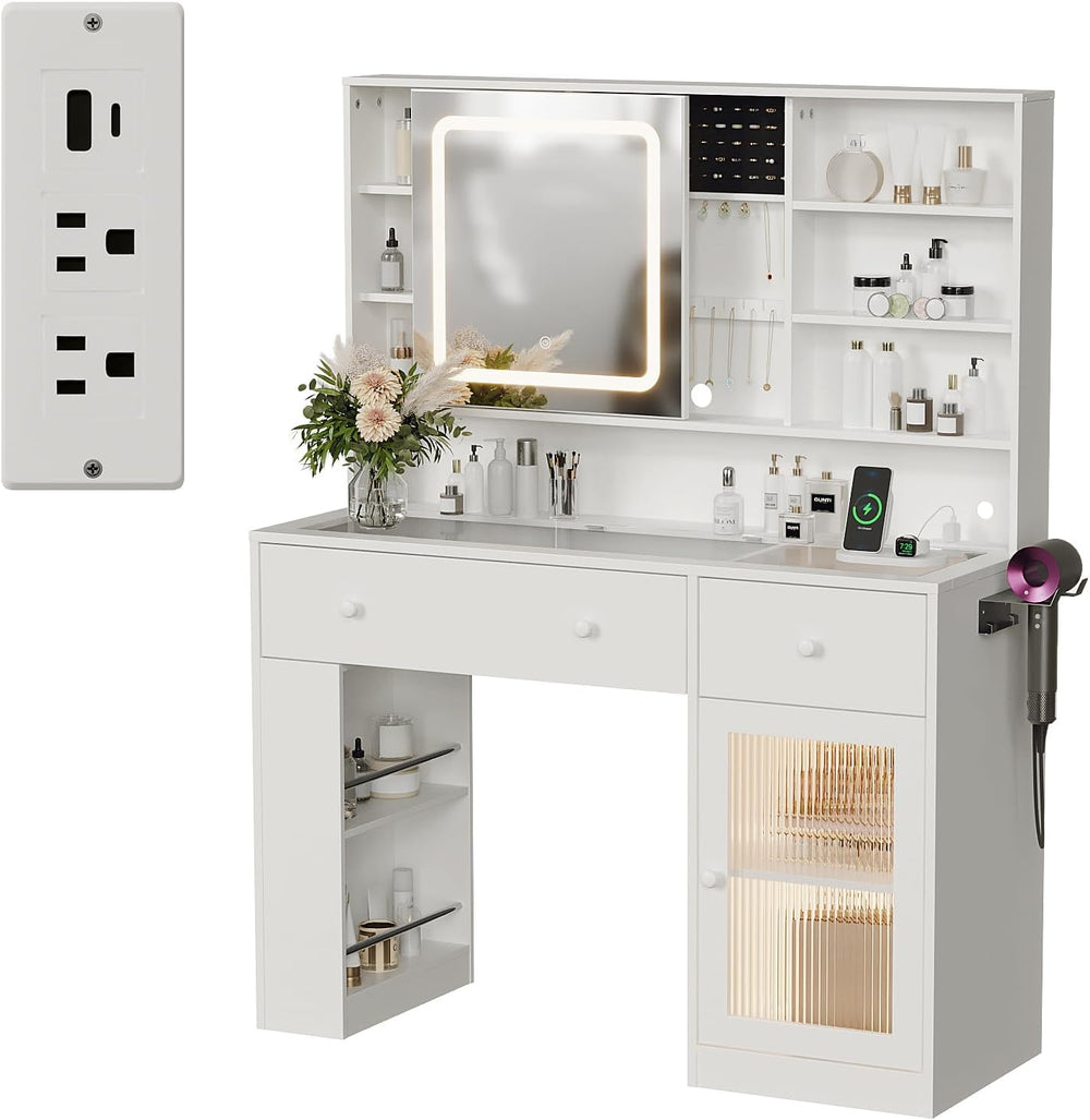 VINGLI Vanity Desk with Sliding Mirror and Lights, Glass Top Makeup Vanity Ta...