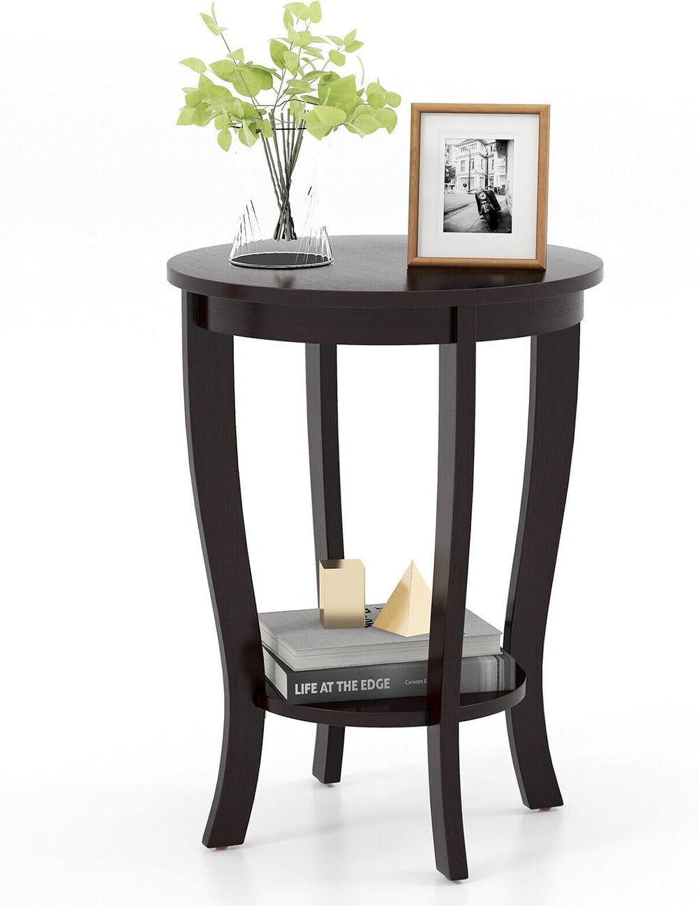SlickBlue Space-Saving 2-Tier Round End Table with Premium Wood Legs and Floo...
