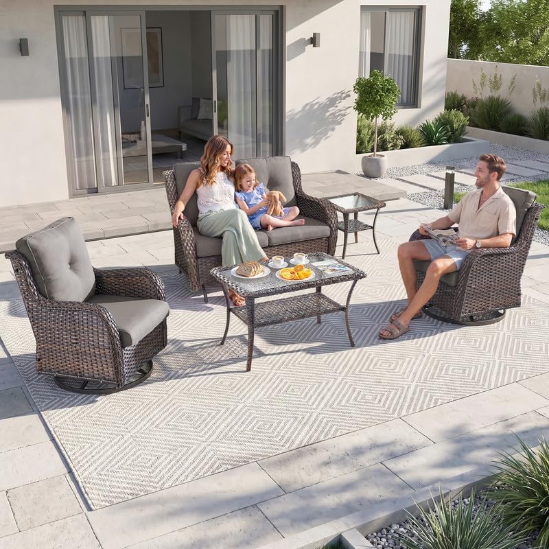 Outdoor Wicker Swivel Rocker Chair and Glider Loveseat 2 Seater, Brown/Grey