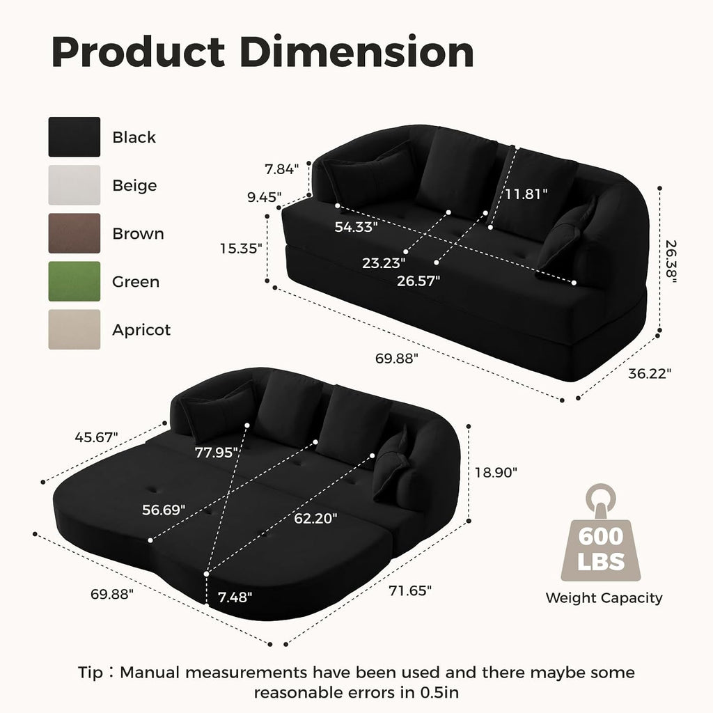 70" Convertible Sofa Bed, Chenille Boneless Comfortable Sleeper Futon | Sleeper Sofa Cloud Couch with 4 Pillows, Soft Love Seat Living Room, Bedroom, Small Spaces, No Assembly