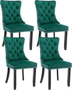 Green Velvet Dining Chairs Set of 4, Upholstered Dining Room Chairs with Back Ring Pull Trim and Solid Wood Legs, Tufted Wingback Kitchen Chairs for Dining Room,Living Room,Kitchen(Green)