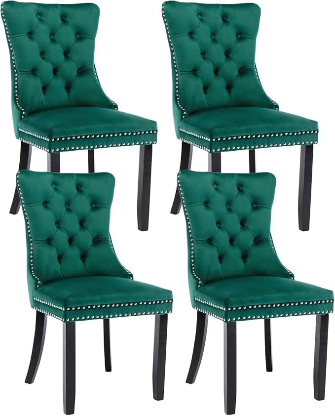 Green Velvet Dining Chairs Set of 4, Upholstered Dining Room Chairs with Back Ring Pull Trim and Solid Wood Legs, Tufted Wingback Kitchen Chairs for Dining Room,Living Room,Kitchen(Green)