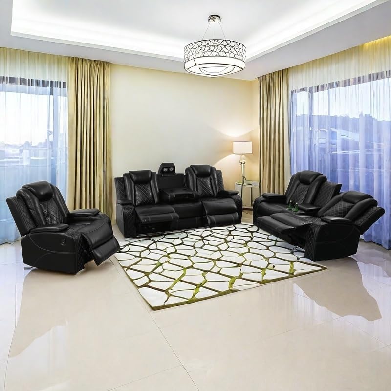Power Recliner Set with LED Lights, Air Leather Reclining Set with USB Port/W...