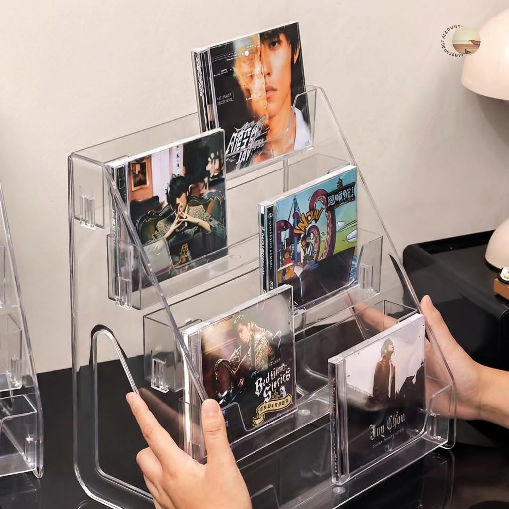 Acrylic CD Rack 5-Tier Cascading CD Storage Organizer, Holds Up to 30 CD Jewel Cases, Clear CD & DVD Display Shelf for Music, Postcards & Cosmetics（1PC）