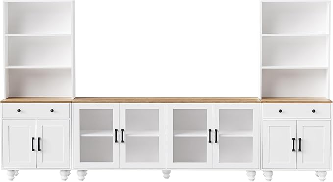 Ball & Cast Farmhouse TV Stand with Bookshelves for TVs up to 70", Media Console w/Tempered Glass Doors & Solid Wood Gourd-Shaped Legs, Entertainment Center for Living Room,White+Natural