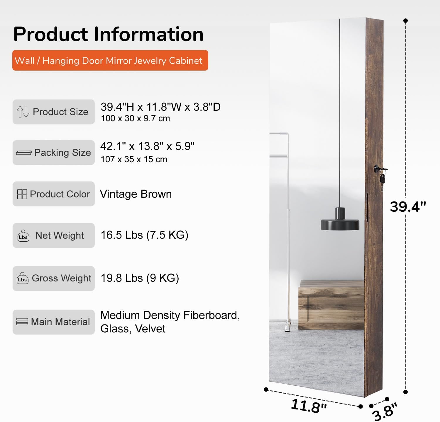 GISSAR Full Length Mirror Jewelry Cabinet, 6 LEDs Jewelry Armoire Wall Mounted Over The Door Hanging, Jewelry Organizer Display Storage Furniture with Lights Locker Mirrored Cabinet, Vintage Brown
