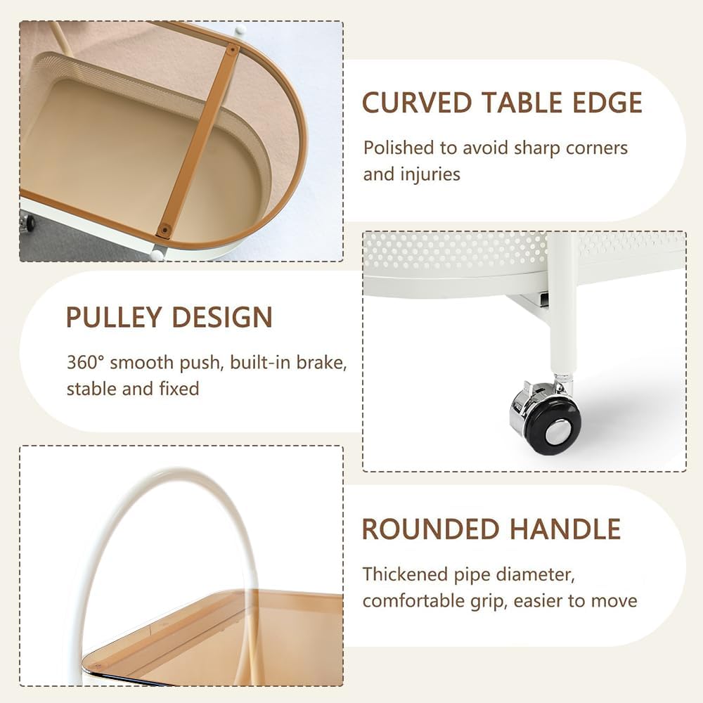 2 Tier Rolling Side Table, Metal Coffee Sofa Side End Table,Handle Utility Ca...