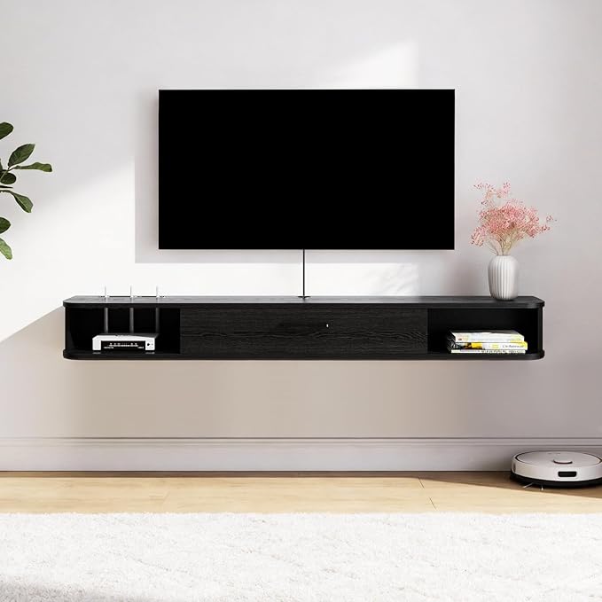 Floating TV Unit, 55'' Wall Mounted TV Cabinet, Floating Shelves with Door, Modern Entertainment Media Console Center Large Storage TV Bench for Living Room & Office (55.12IN, Black)