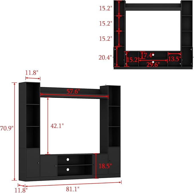 81.1" Large TV Stand with Bookshelves for TVs up to 60", Wall Unit Entertainment Center with Doors, 9 Open Shelves and Cable Holes, Media Console Cabinet for Living Room, Black