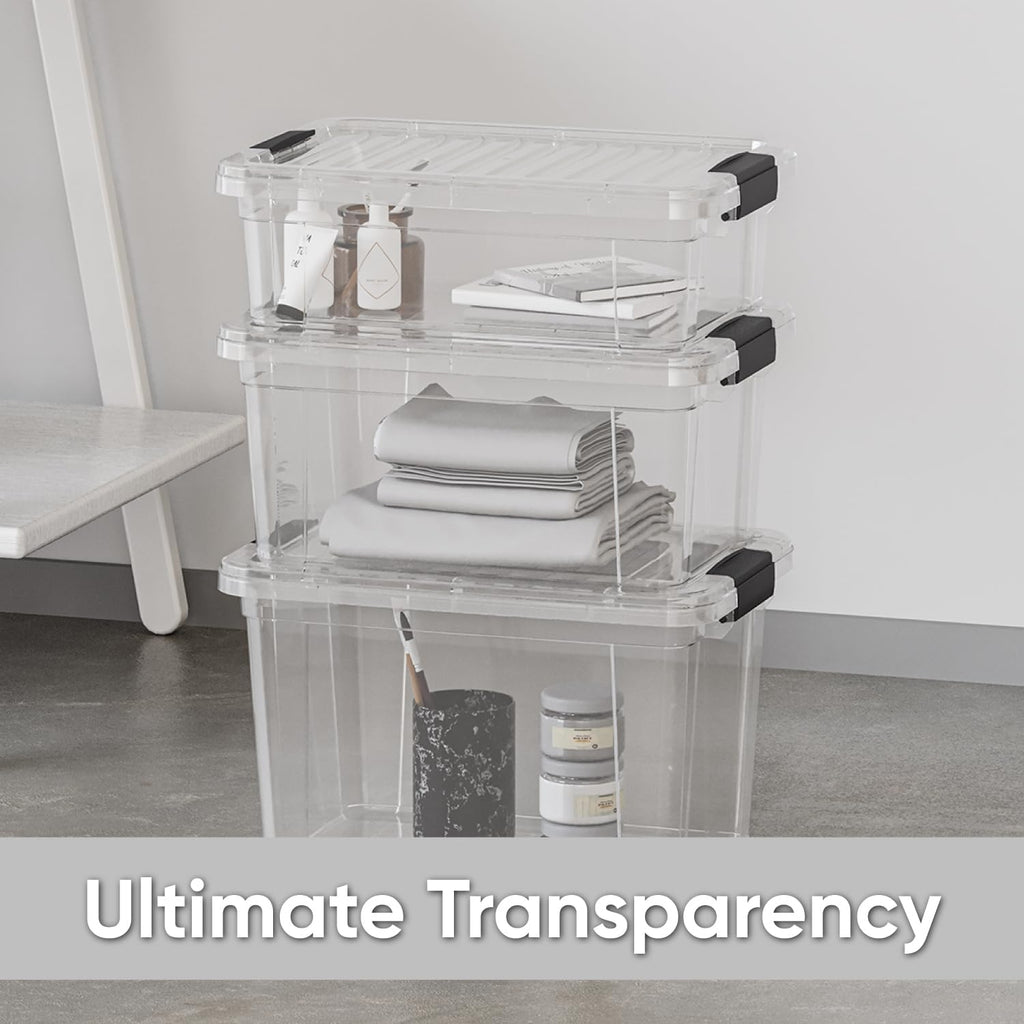 Superio Clear Storage Boxes with Lids, 26 Quart Plastic Container Bins for Organizing, Stackable Crates, BPA Free, Non Toxic, Odor Free, Organizers for Home, Office and Dorm, 6 Pack