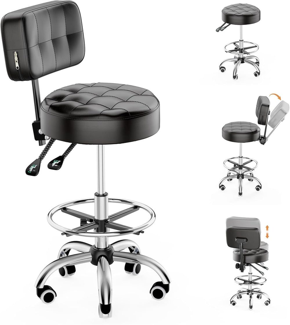 YJHome Rolling Stool with Back Support, Swivel Chair Adjustable Height