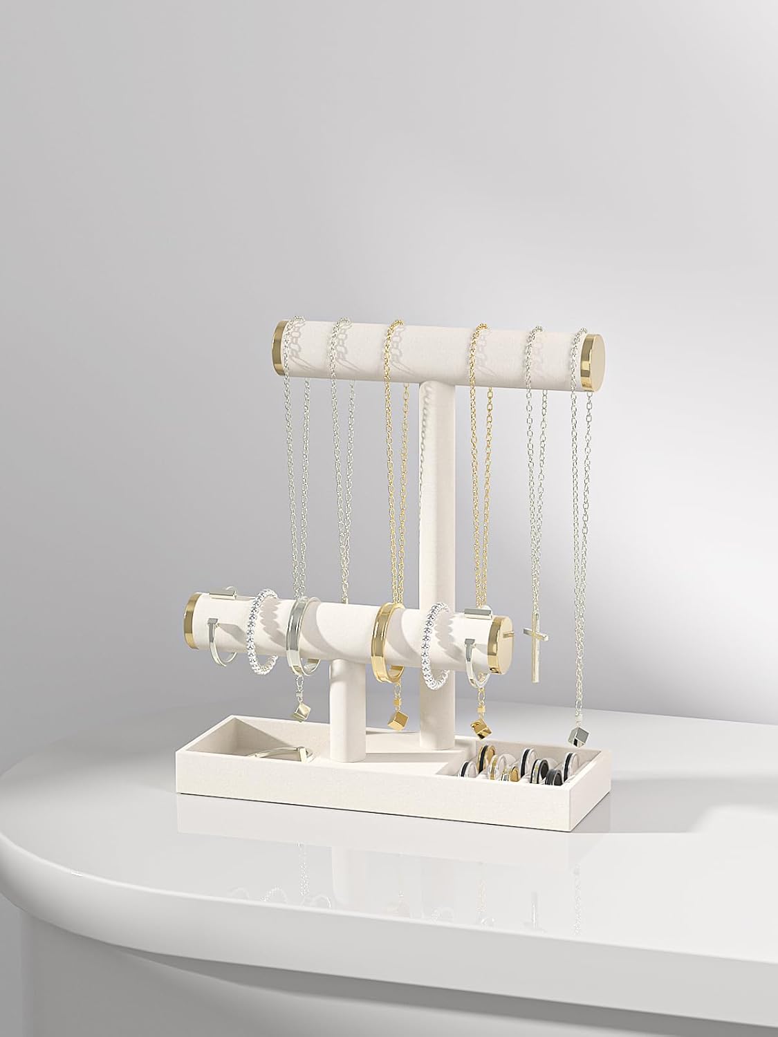 Bracelet and Necklace Holder,Velvet Jewelry Necklace Display Organizer Stand,bracelet Holder for Selling,Bracelet and Necklace Storage Tree (Style 2（Beige+ Metal lid）)