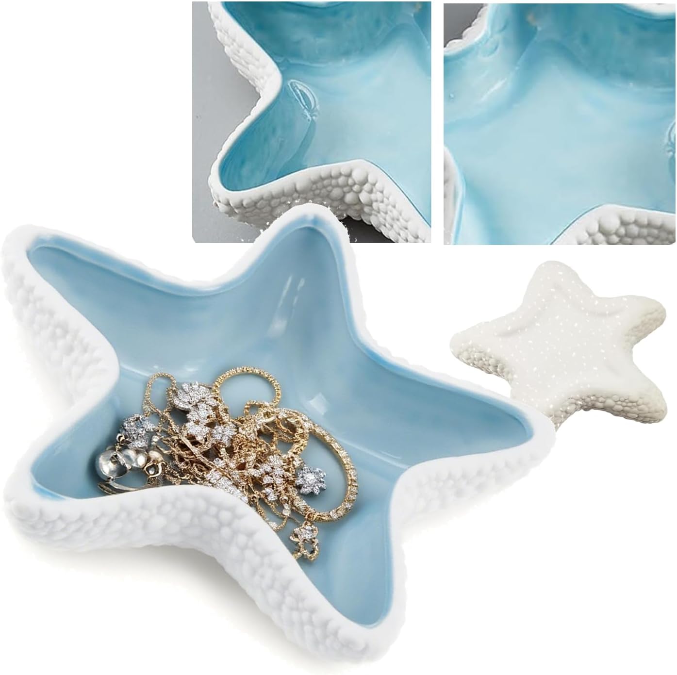 Ceramic Shell Jewelry Dish - Ocean-Themed Ring Earring Holder, Coastal Decor Trinket Tray for Necklaces Bracelets Keys, Beach Room Decor Gift (starfish)