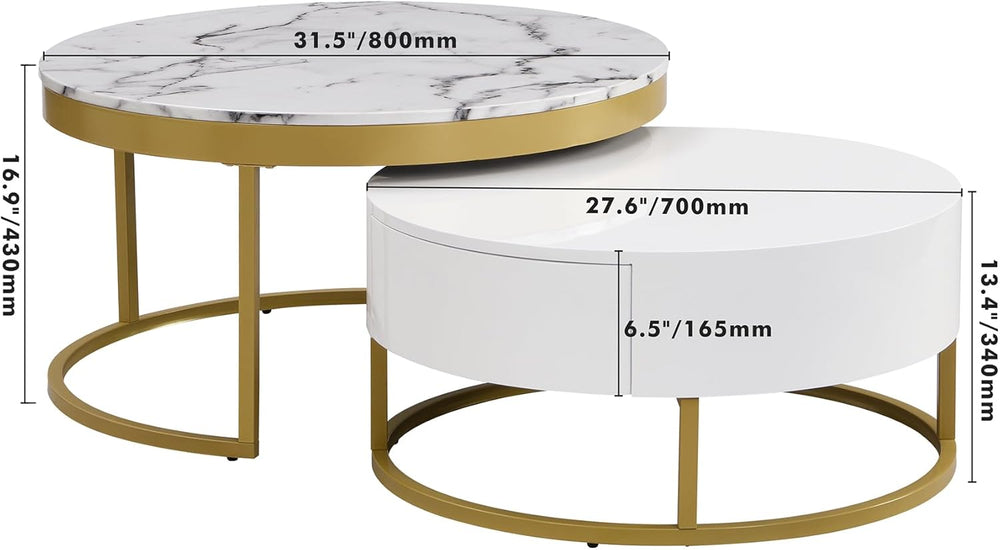 Modern Round Nesting Coffee Table with Drawers in White, Circle Coffee Tables...