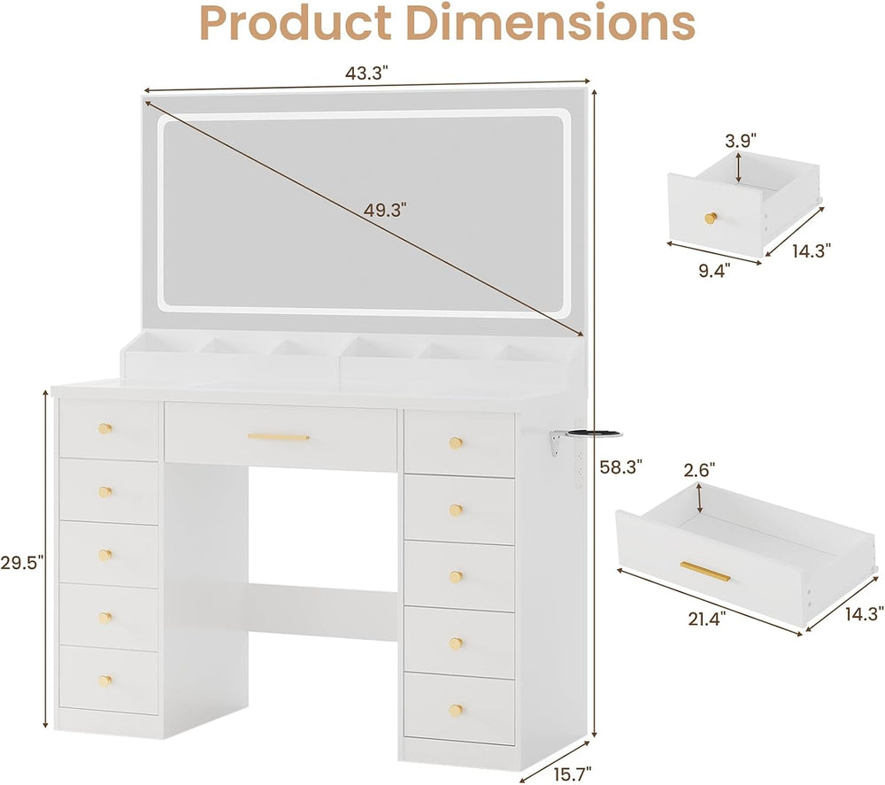 LAKEMID White Vanity Desk with Mirror and Lights,Glass Top Vanity Table with ...