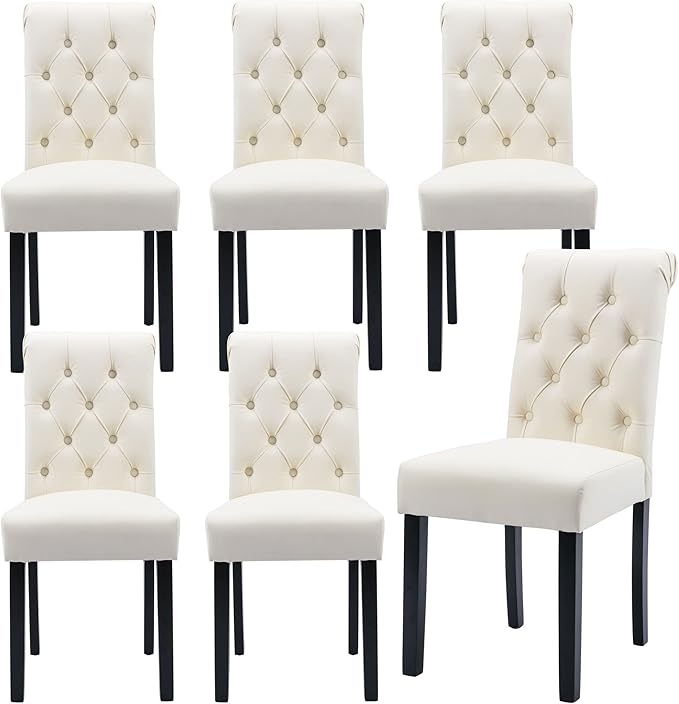 Faux Leather Dining Chairs Set of 6 Upholstered Dining Room Chairs Modern Tufted Accent Chairs Wooden Parsons Side Chairs for Home Kitchen Resturant, Cream