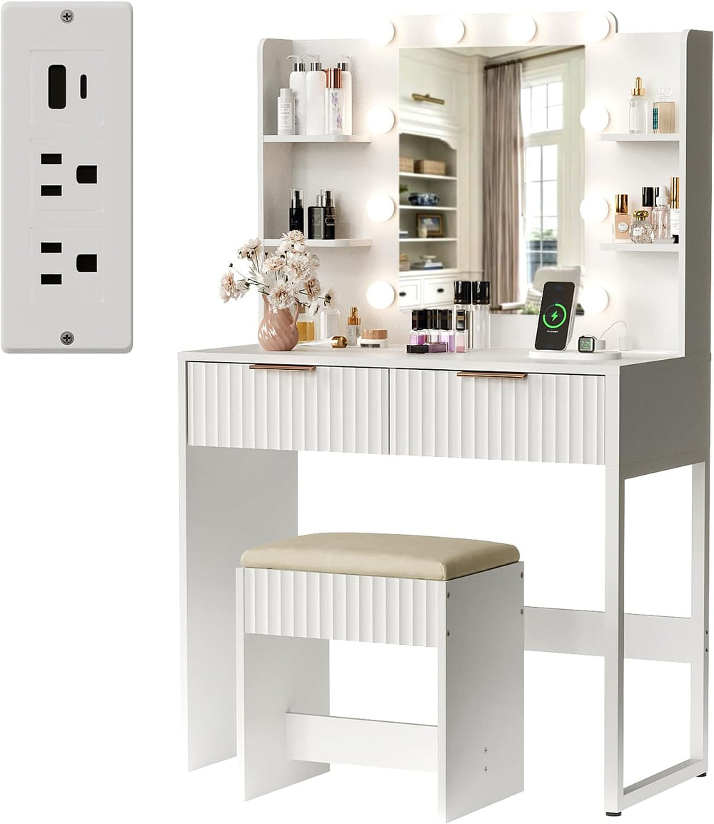 VINGLI Fluted Makeup Vanity Desk with Mirror and Lights and Stools, Small Van...