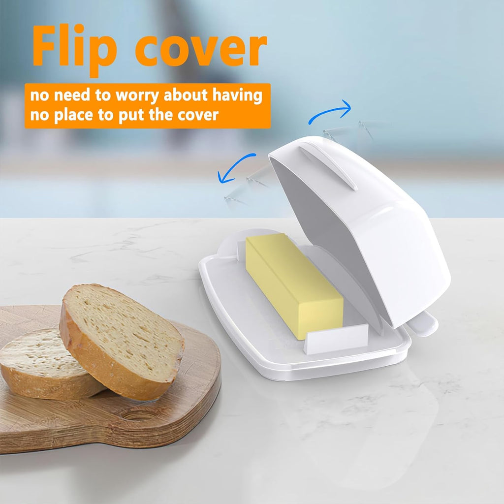Butter Dishes with Lid for Countertop Refrigerator, Plastic Butter Dish Flip Top Lid Butter Container with Spreader, Non-Slip Bottom Butter Holder Keeper (White)