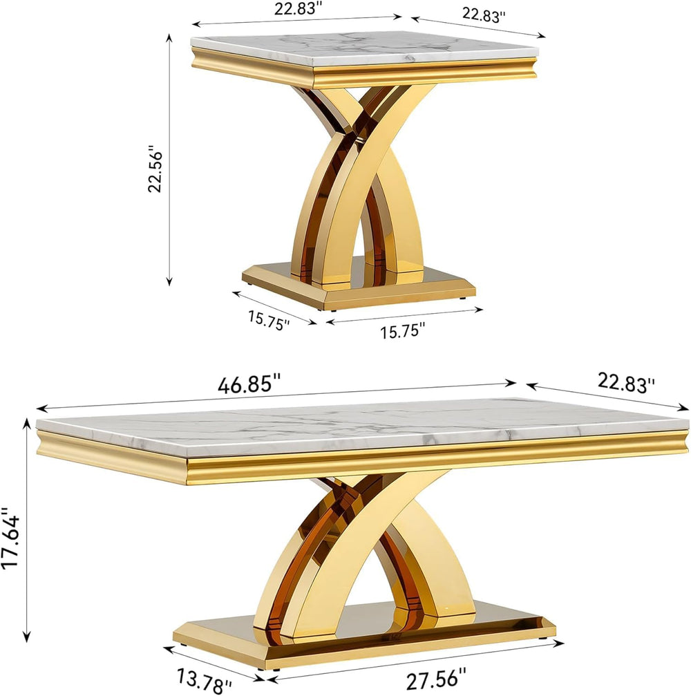 White Marble Coffee Table Set of 3, Modern Coffee Table and 2 Marble End Tabl...