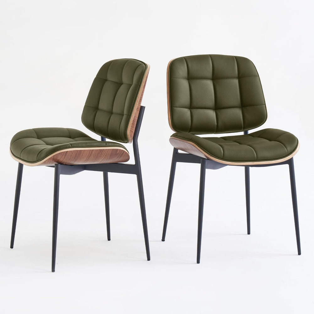GrandNoor Mid Century Modern Dining Chairs with Walnut Grain Back, Green Faux...