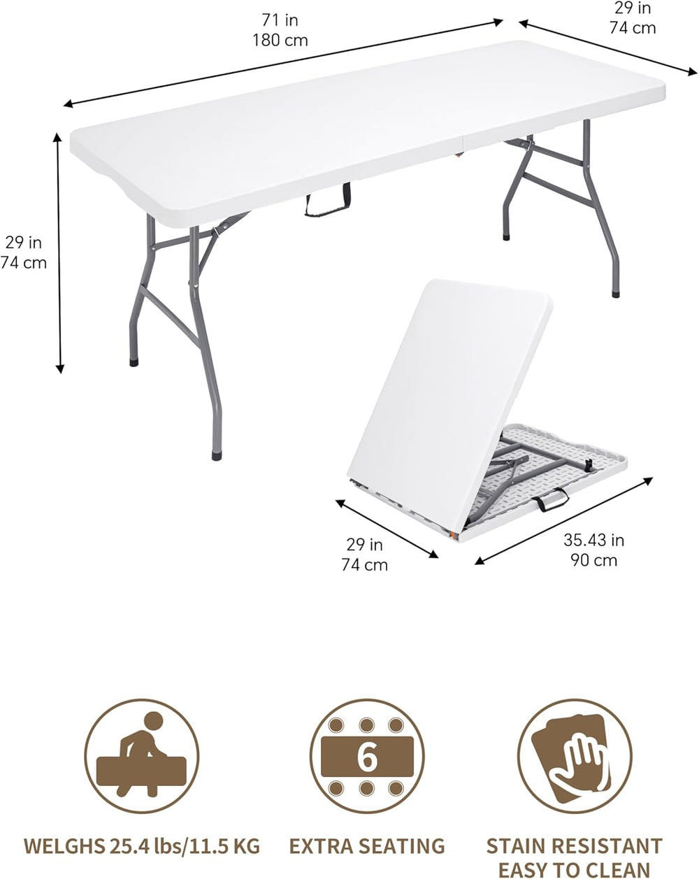 6Ft Folding Table, Heavy Duty Fold-in-Half Portable Plastic White | HDPE port...