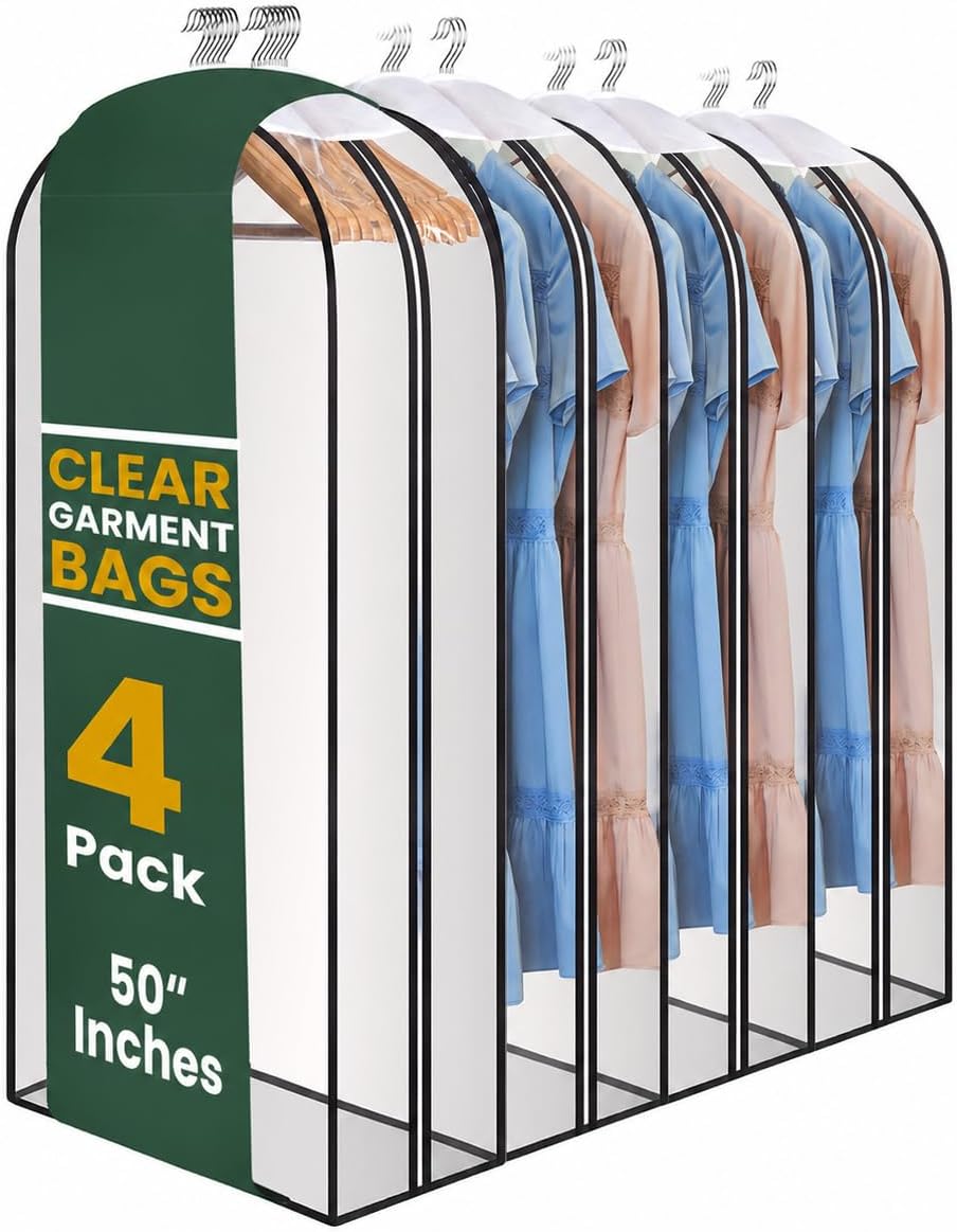 Handy Laundry Clear Garment Bags for Hanging Clothes, 50" Suit Bags with 10" Gusset, Heavy Duty Closet Storage Covers for Coats, Dresses, Shirts, Jackets, Dustproof & Breathable, 4 Pack