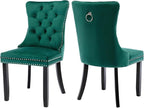 Velvet Dining Chairs Set of 2, Tufted Upholstered Dining Room Chairs with Back Ring Pull, Nailhead Trim and Solid Wood Legs, Modern Dining Chairs for Dining Room, Kitchen(Green)