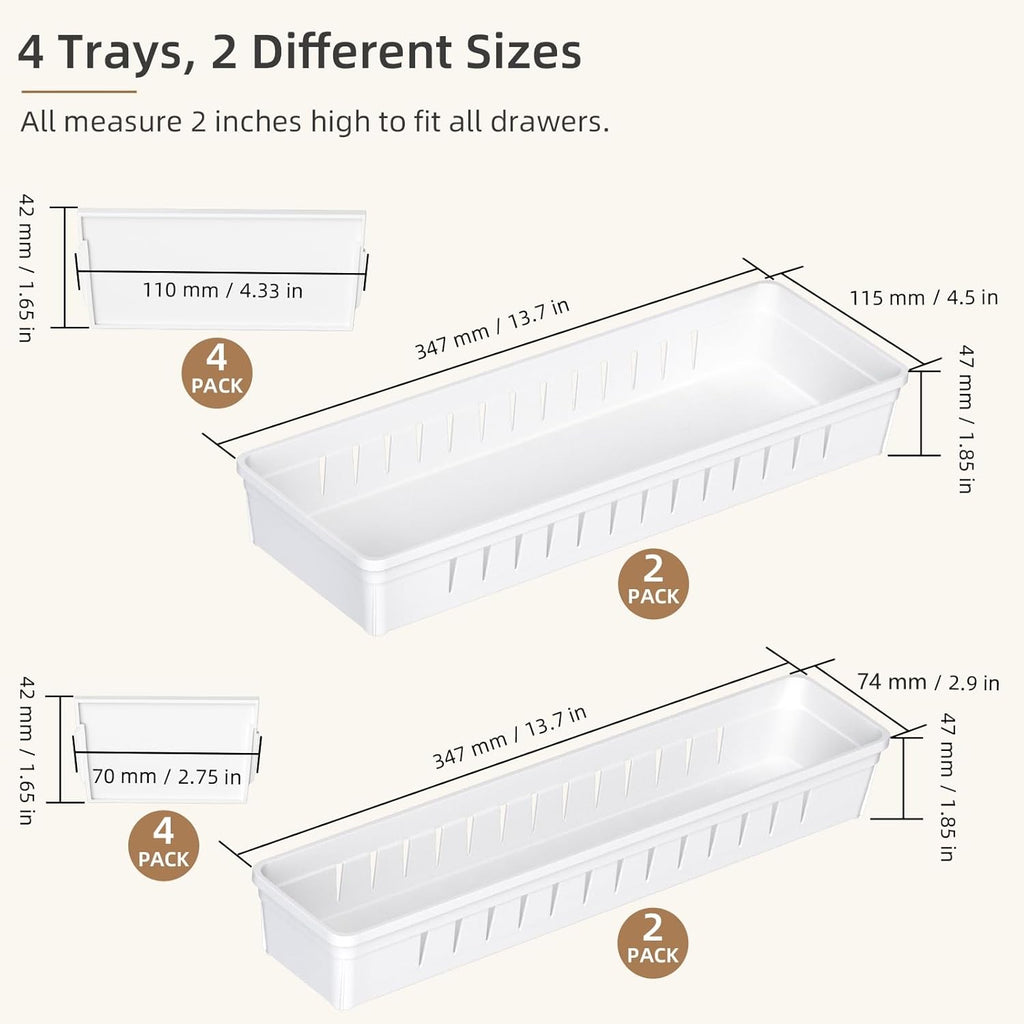 Desk Drawer Organizer Tray 4 PCS Plastic Office Drawer Organizer Bins Junk Organizer Divider with Non-Slip Silicone Pads, Makeup Vanity Organizer for Drawer, White