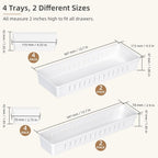 Desk Drawer Organizer Tray 4 PCS Plastic Office Drawer Organizer Bins Junk Organizer Divider with Non-Slip Silicone Pads, Makeup Vanity Organizer for Drawer, White