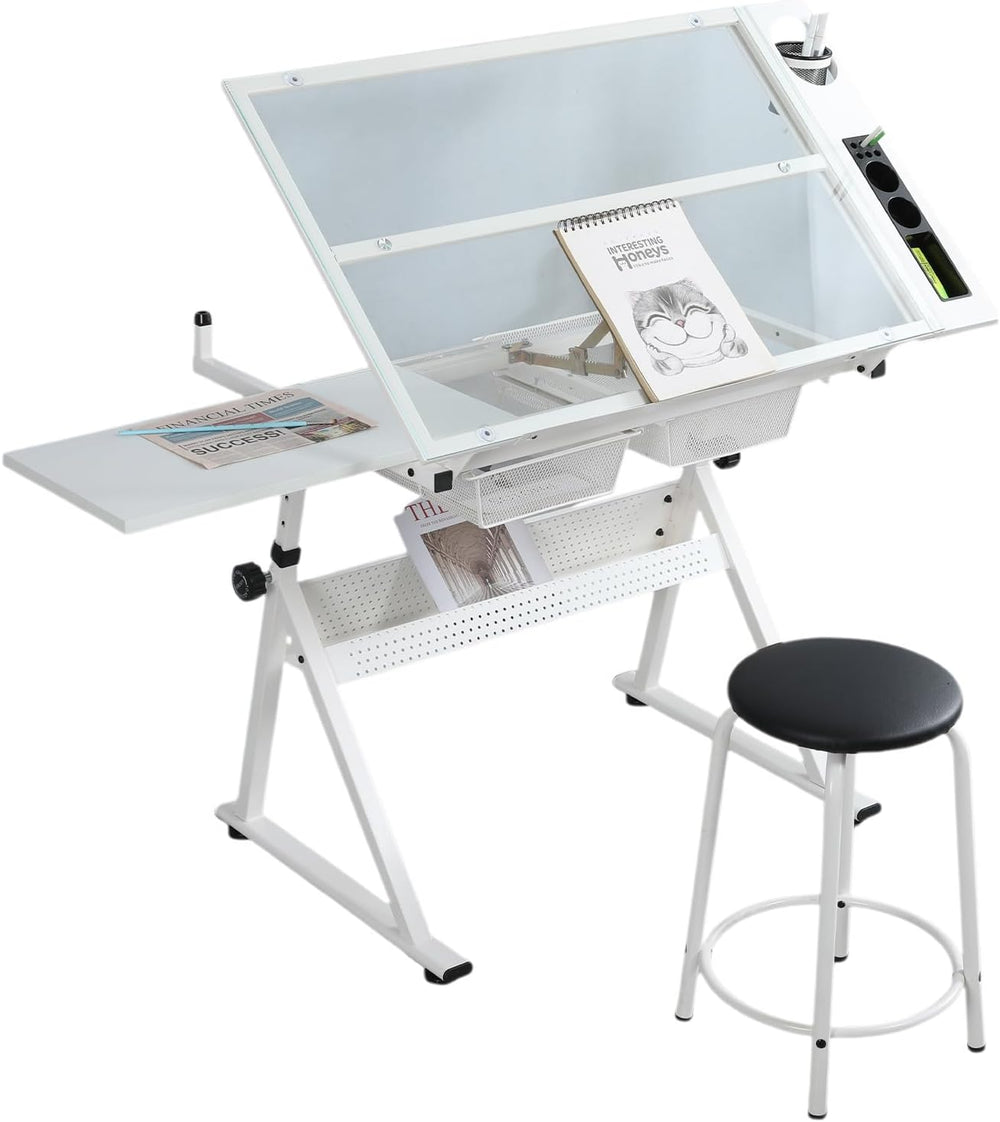 Drafting Table with Stool, Height Adjustable Art Desk with Tilting Tempered G...