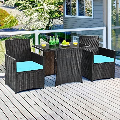 Tangkula 3 Pieces Patio Dining Set, Space-Saving PE Rattan Bistro Set with Te...