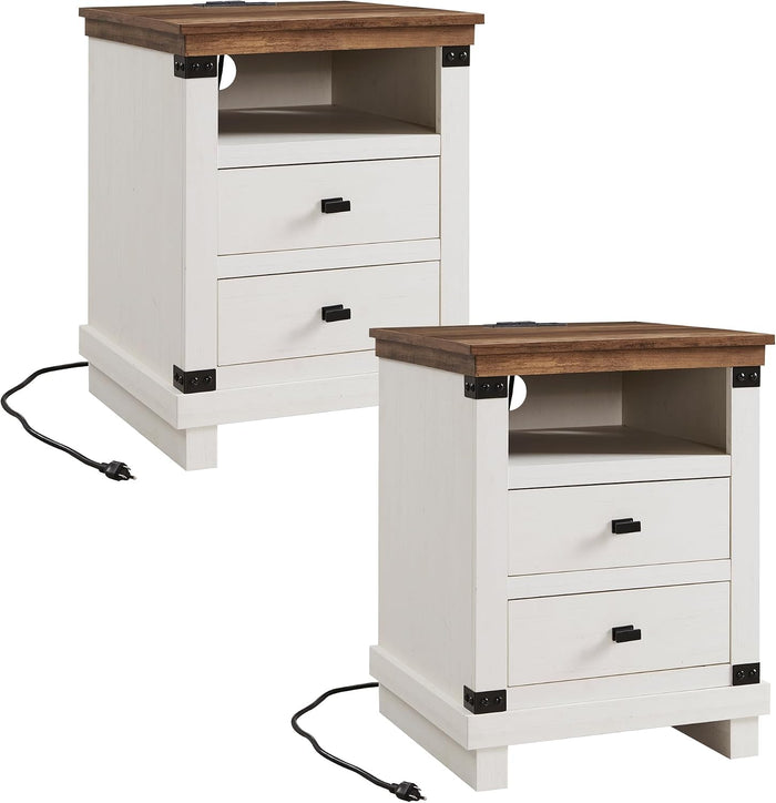 18" Farmhouse Nightstand Set of 2 with Charging Station, Antique White