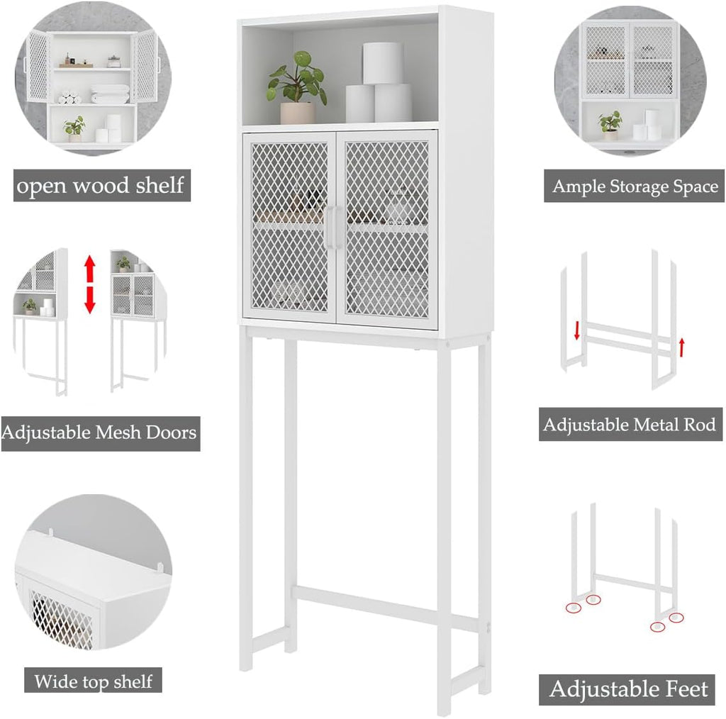 Launica Over The Toilet Storage, Industrial Bathroom Organizer Over Toilet, Freestanding Over Toilet Bathroom Storage Cabinet with Rack, Wood Metal Bathroom Space Saver Shelf Over Toilet, White Oak