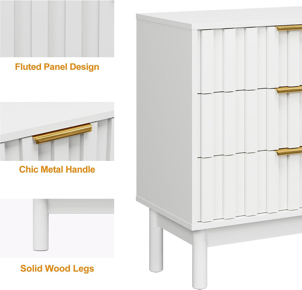 RoyalCraft 3 Drawer Nightstand, Modern Fluted Chest of Drawers, Wooden Storag...
