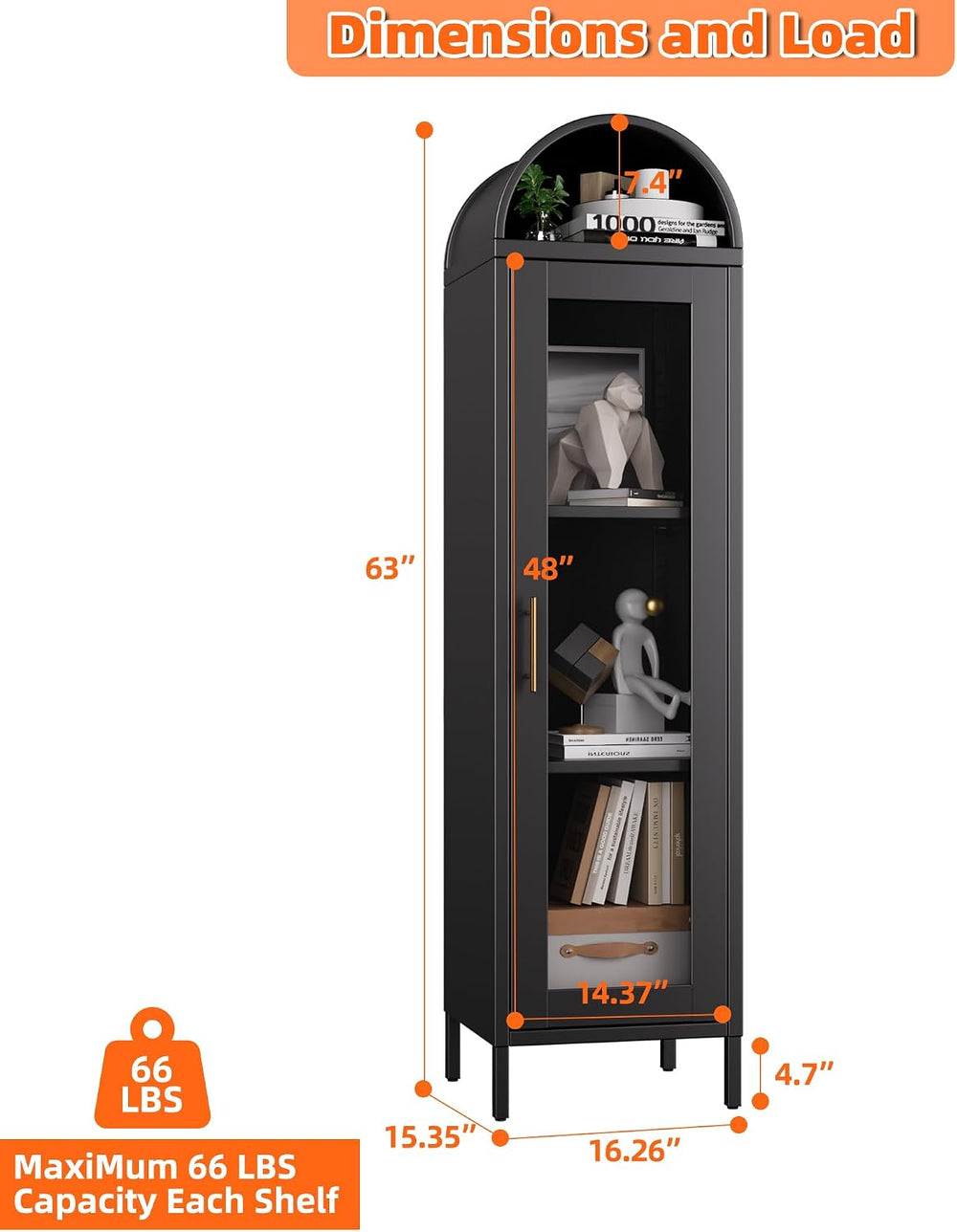 63" H Metal Arched Display Cabinet with 2 Adjustable Shelves, Arch Bookc...