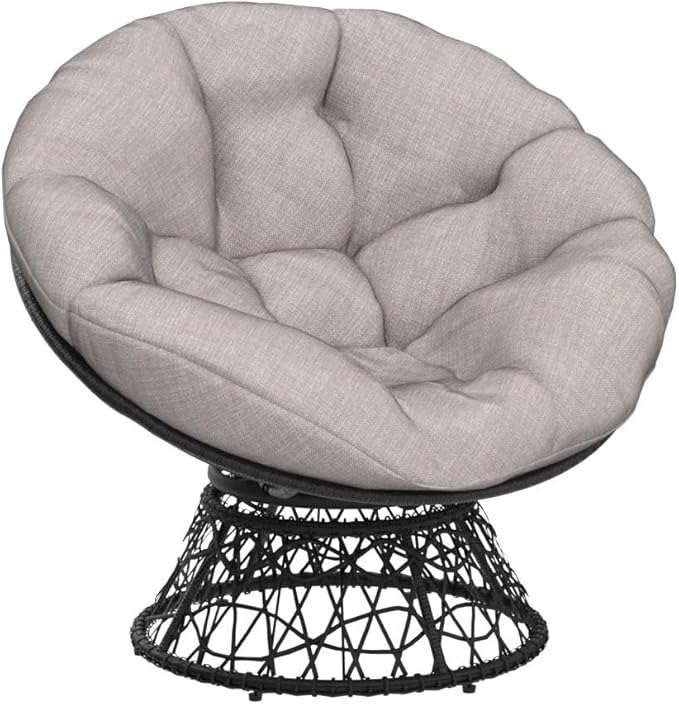 Bme 40" Ergonomic Wicker Papasan Chair with Soft Thick Density Fabric Cushion, High Capacity Steel Frame, 360 Degree Swivel for Living, Bedroom, Reading Room, Lounge, Silver Cloud - Black Base