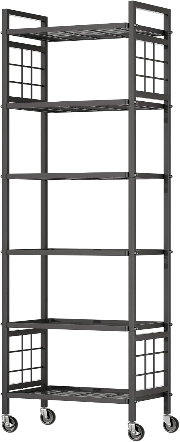 GIOTORENT 6-Wire Standing Storage Shelf with Wheels, Mobile Metal Shelving Unit for Bathroom Organizers & Laundry Room, Kitchen Pantry Rack, Heavy Duty Utility Shelf, Black