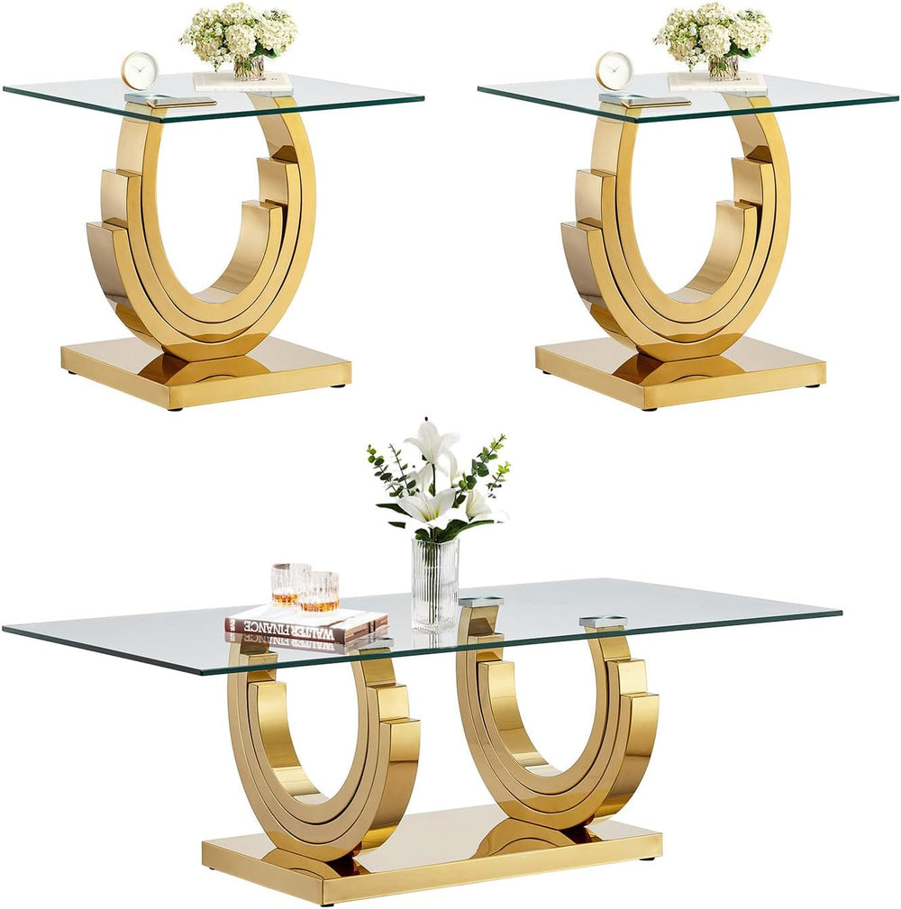 3-Piece Living Room Table Set, 51'' Modern Glass Coffee Table Set of ...