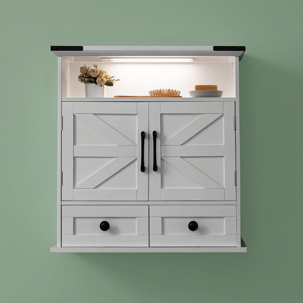 Bathroom Wall Cabinet, 23x25 Inch Farmhouse Medicine Cabinet Over Toilet with Drawer 2 Doors, Motion Lighting & Adjustable Shelves, White Above Toilet Storage for Laundry, Kitchen