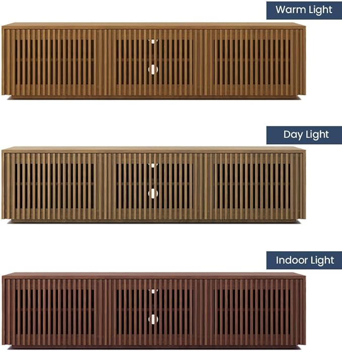 POVISON Mid Century Modern Wood Slatted TV Stand with LED Lights, Media Console for 70+ Inch TV, Entertainment Center with Storage Cabinet for Living Room, Fully-Assembled (Dark Wood, 70.87")