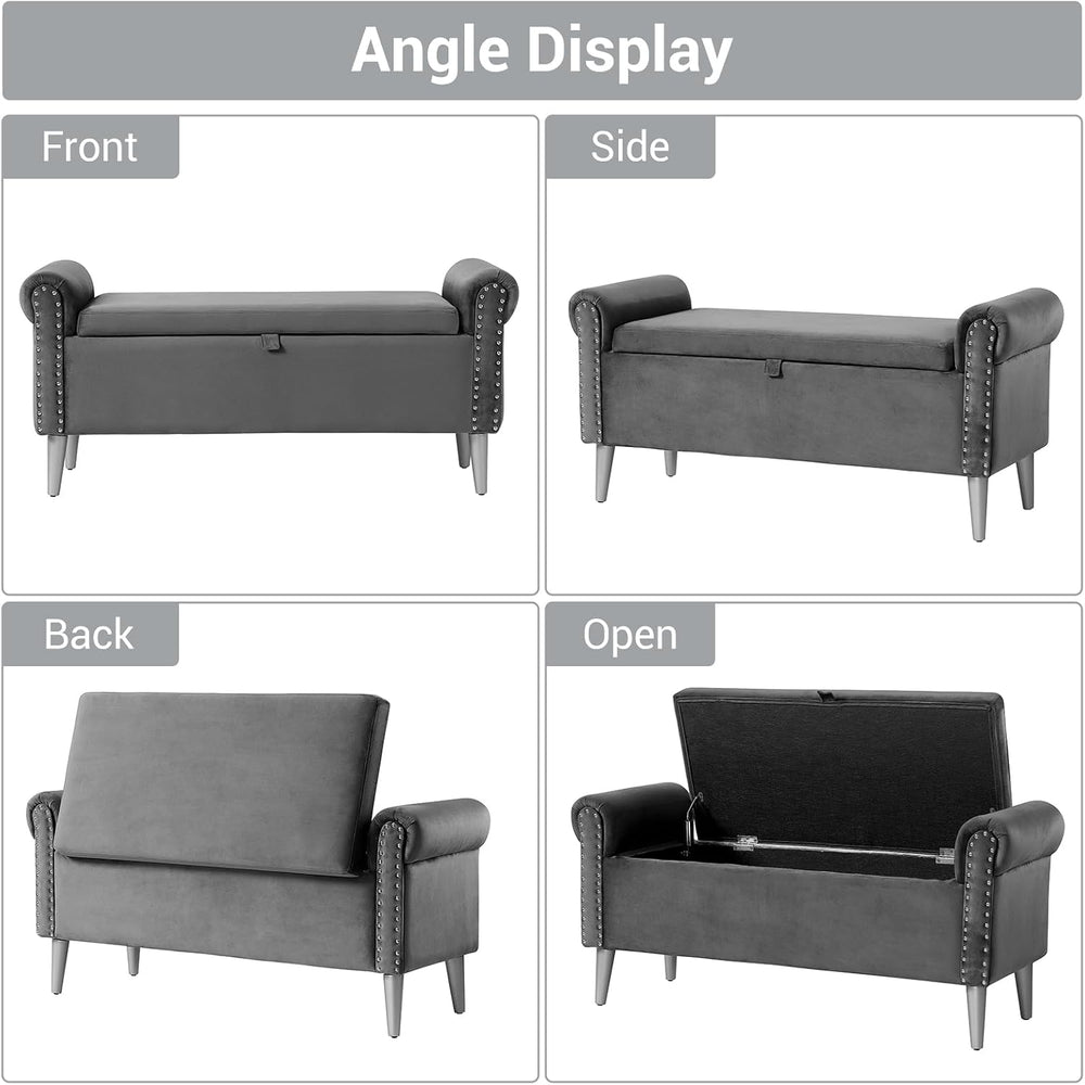 Storage Bench for Bedroom- Grey Velvet Bench with Storage 47" | Featurin...