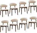 Farmhouse Dining Chairs Set of 8, Mid Century Modern Fabric Upholstered Kitchen Chairs, Wooden Dining Room Chair with Curved Back for Kitchen Dining Room Restaurant Cafe, Light Camel (Only Chairs)