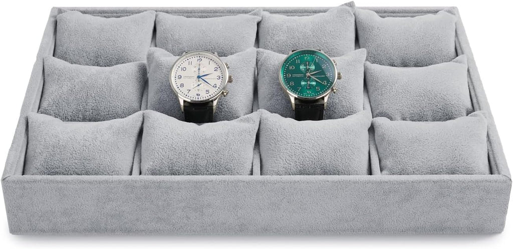 12 Grids Velvet Watch Tray Watch Holder Organizer Storage Tray For Men Women (Gray)