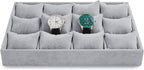 12 Grids Velvet Watch Tray Watch Holder Organizer Storage Tray For Men Women (Gray)