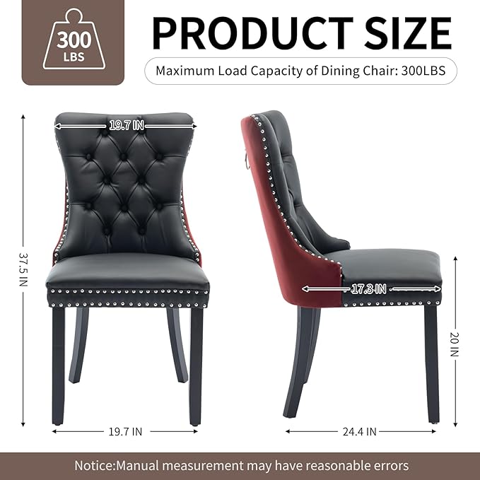 Velvet Dining Chairs Set of 2, High-end Tufted Upholstered Dining Chair with Ring Pull and Solid Wood Legs, Modern Dining Room Chairs for Dining Room, Black PU & Burgundy Velvet