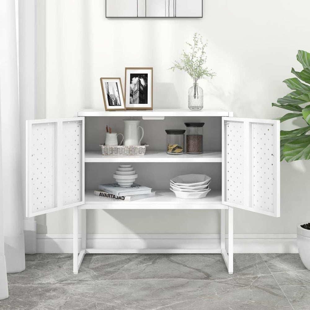 White Steel Sideboard with Adjustable Levelers, Modern Rectangular Storage Ca...