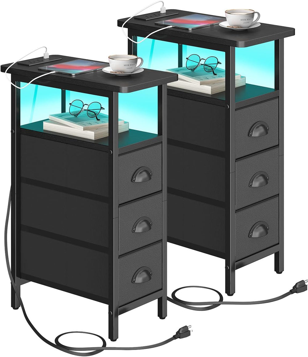 shtmec Narrow End Table Set of 2 with Charging Station, LED Side Tables Set 2...